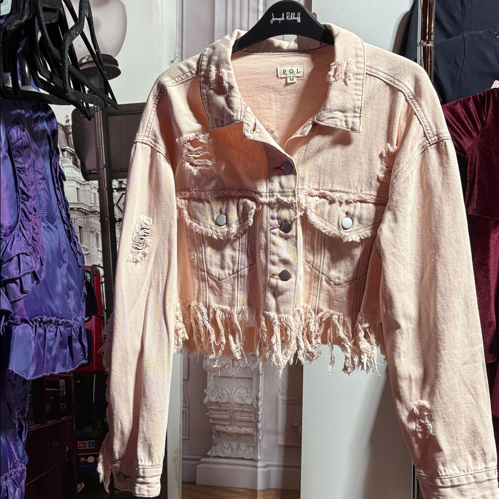 Distressed Fringe Oversized Denim Jacket – powder, pink